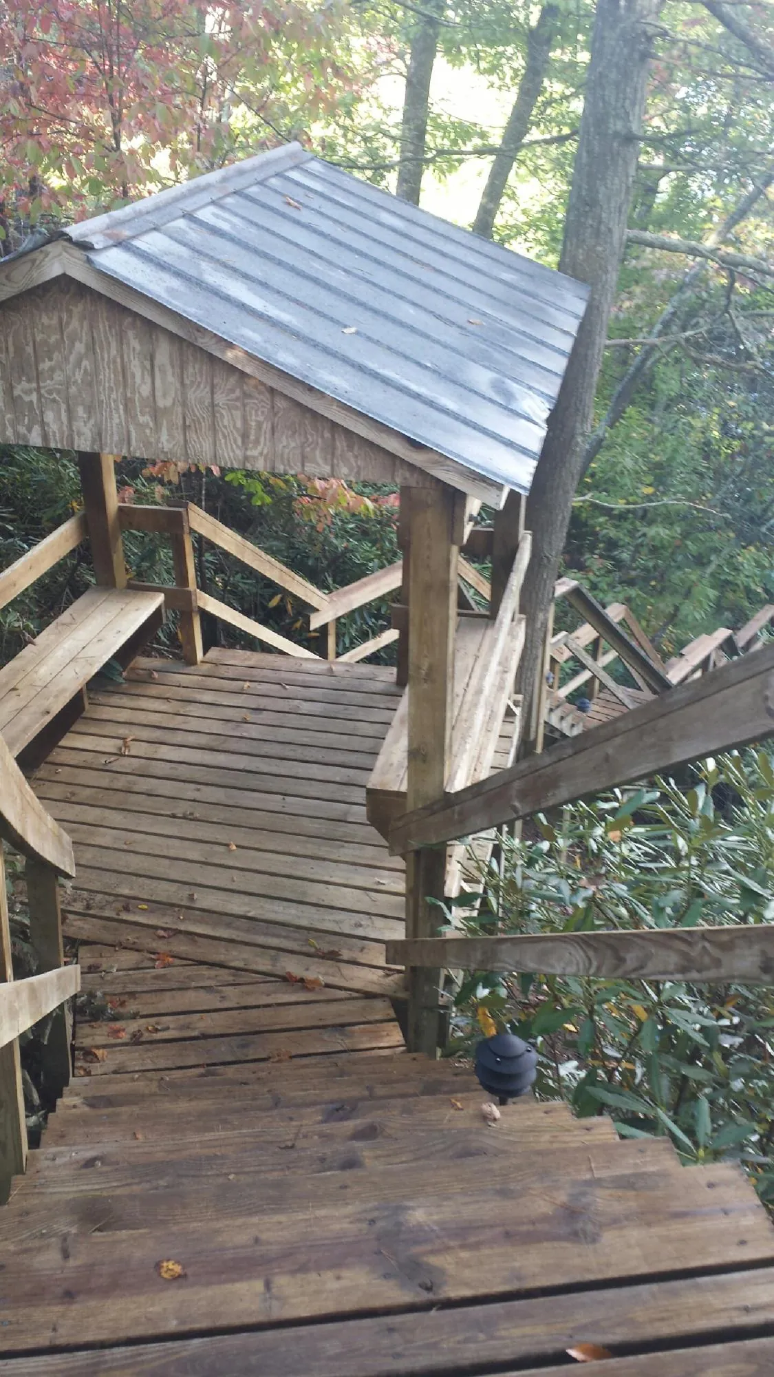 Metal roofed shelter over wooden steps on a wooded walkway — Skylight Repair & Installation work by our crew in Monroe Bridge
